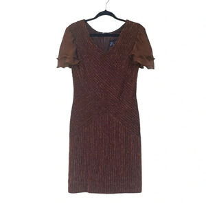 ALEX EVENINGS Vintage Copper Metallic Formal Dress SZ 14 Ruffled Sleeves